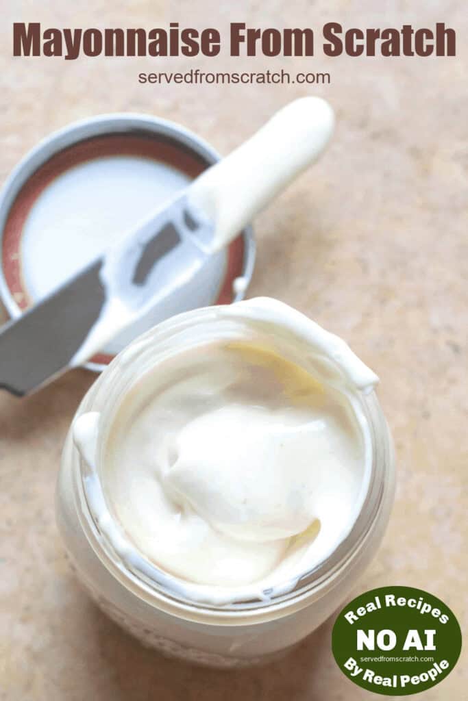 an overhead of an open jar of mayo with Pinterest pin text and NO AI sticker.