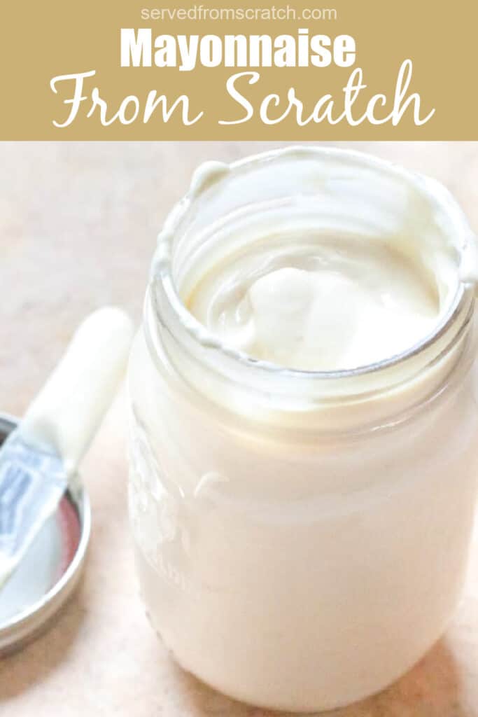 an open jar of mayo with Pinterest pin text.