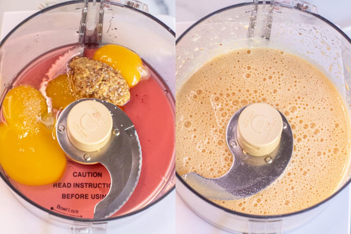 two pictures of food processor bowls, one with vinegar and eggs and mustard and the other with it all blended.