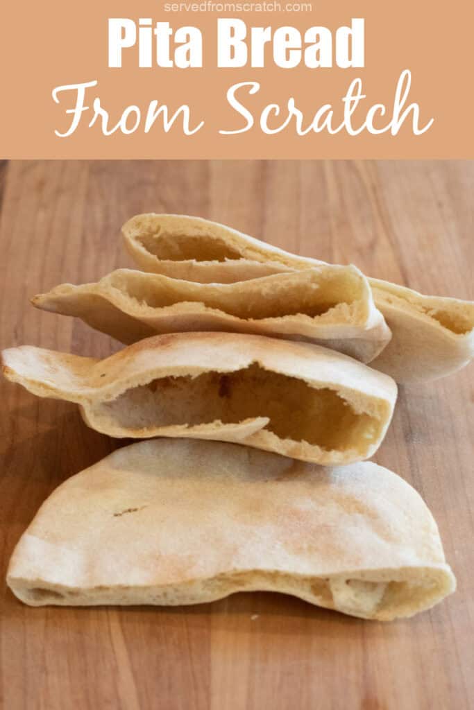 pita breads sliced in half on a cutting board with Pinterest pin text.