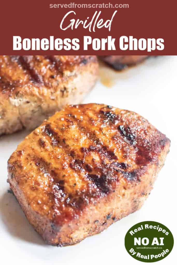 a thick grilled boneless pork chop with Pinterest pin text and NO AI sticker.