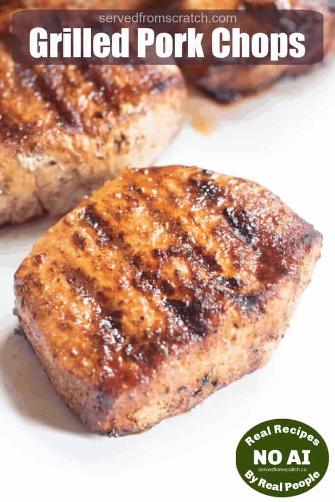 a thick grilled boneless pork chop with Pinterest pin text and NO AI sticker.