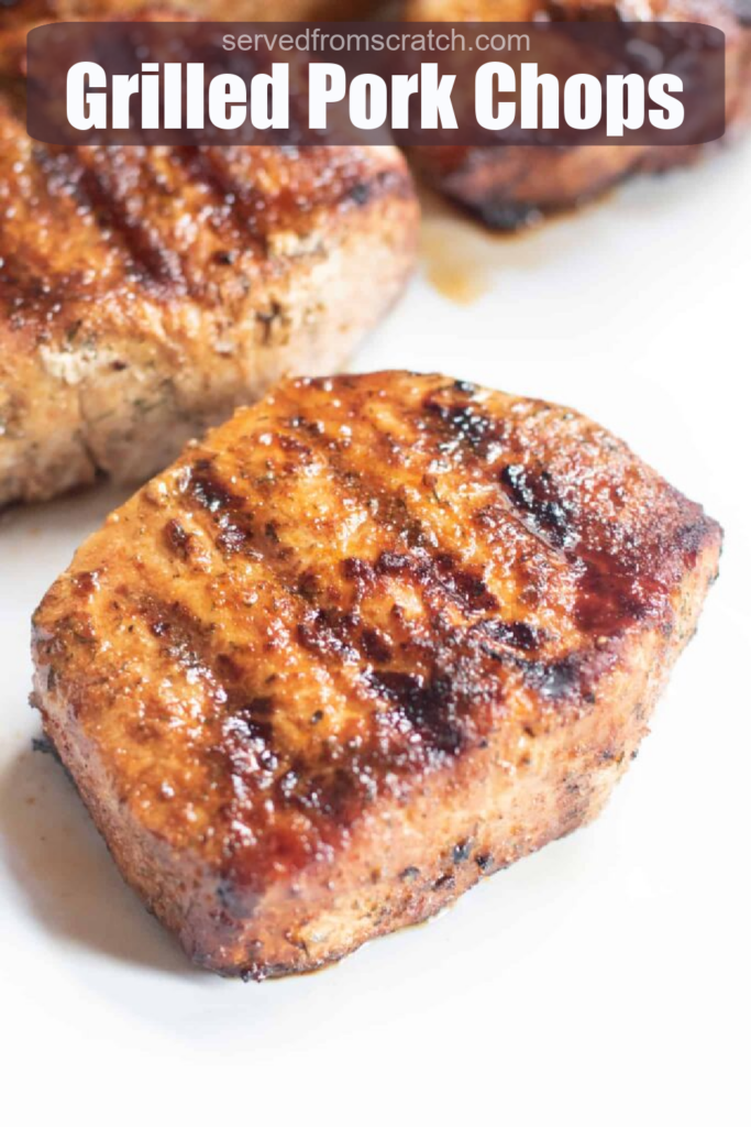 a grilled boneless pork chop with Pinterest pin text.