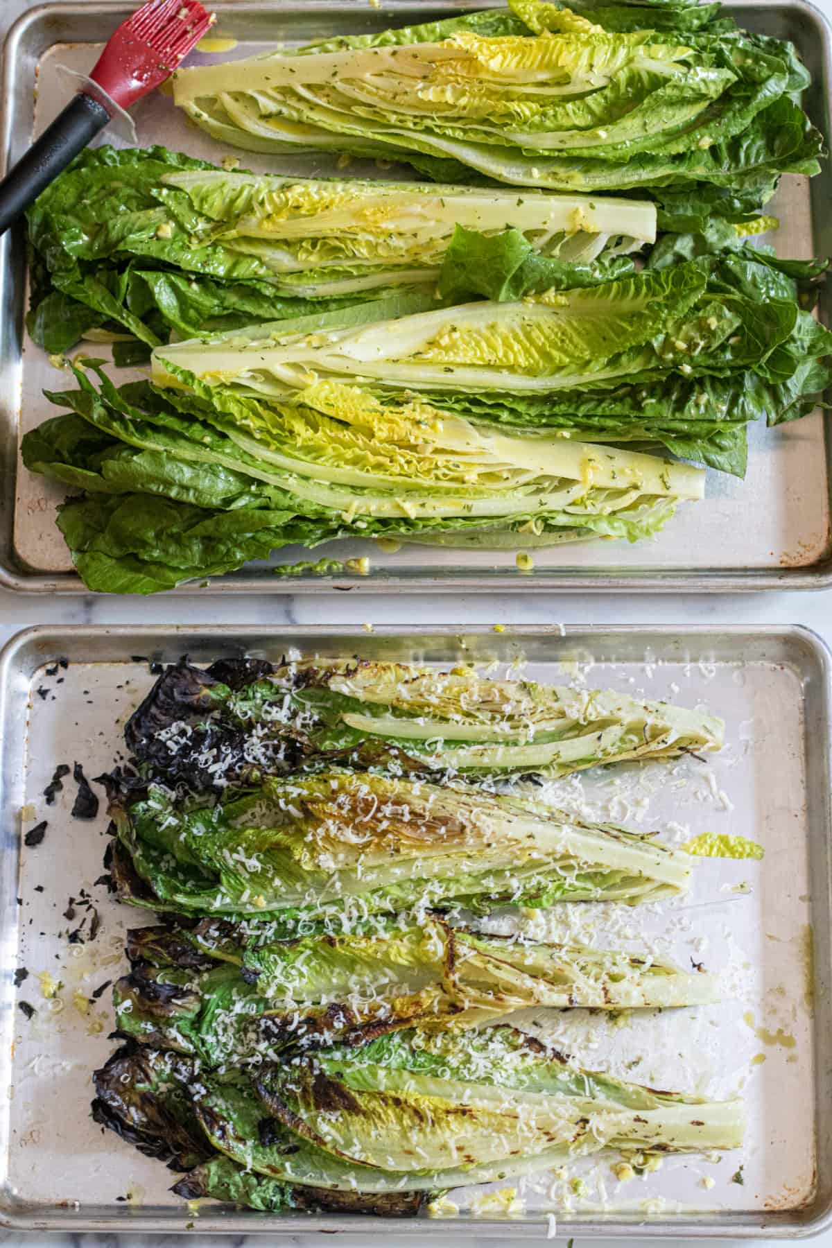 a tray of quartered romaine with vinaigrette brushed on, and then a tray with romaine grilled. 