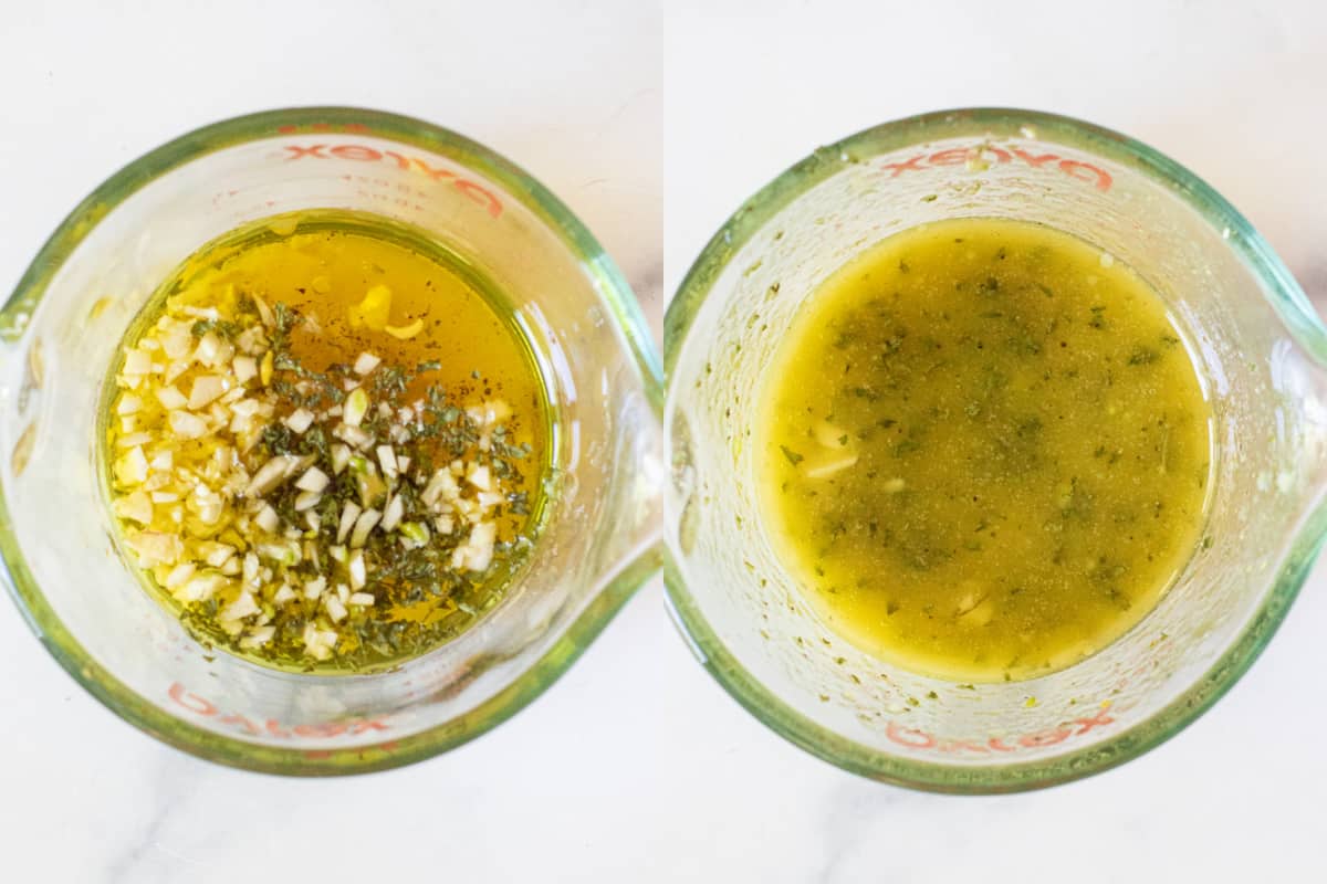 two pictures of a pyrex with vinaigrette ingredients and then it all mixed together.