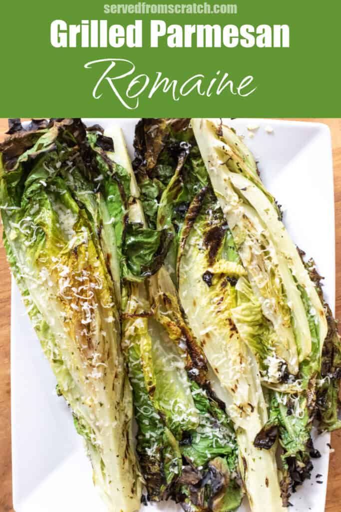 a plate of grilled romaine Pinterest pin text.