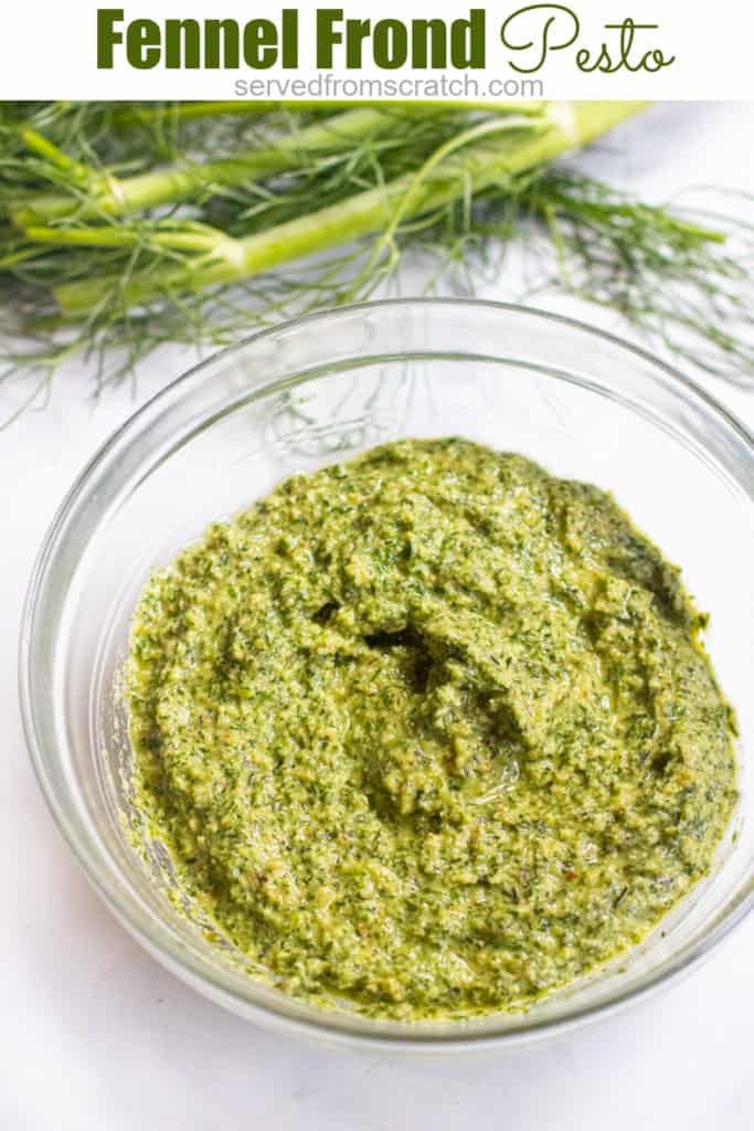 a bowl of pesto and fennel fronds and Pinterest pin text.