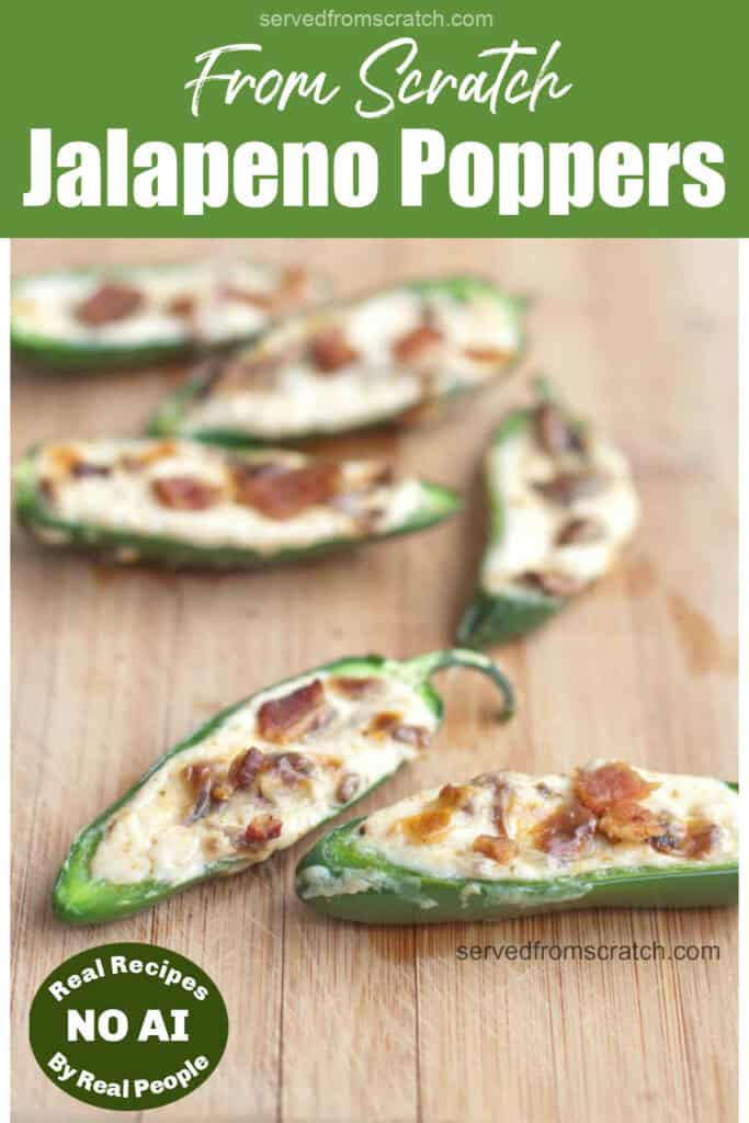 halved and cheese and bacon stuffed jalapenos with Pinterest pin text and NO AI sticker.