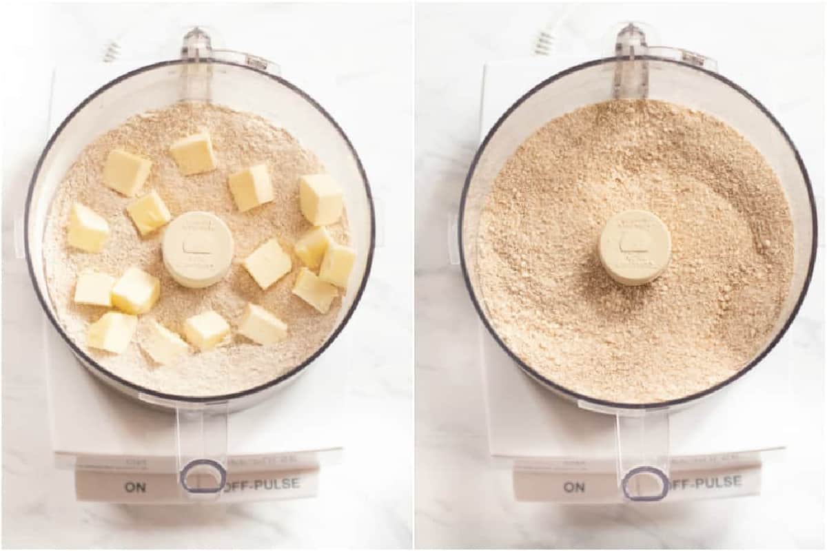 food processor with flours and butter and crumbed after pulsed.