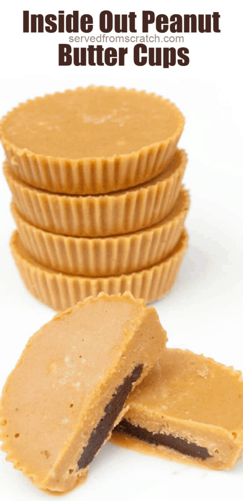 stacked peanut butter cups and one cut in half with Pinterest pin text.