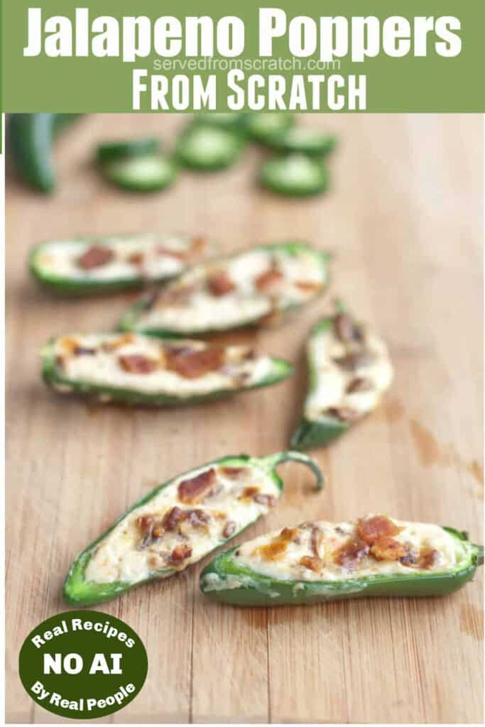halved and cheese and bacon stuffed jalapenos with Pinterest pin text and NO AI sticker.