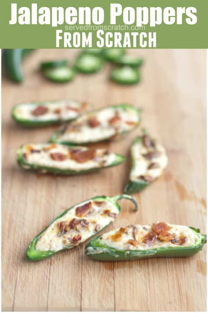 jalapenos halved and stuffed with cream cheese and crumbled bacon with Pinterest Pin Text.