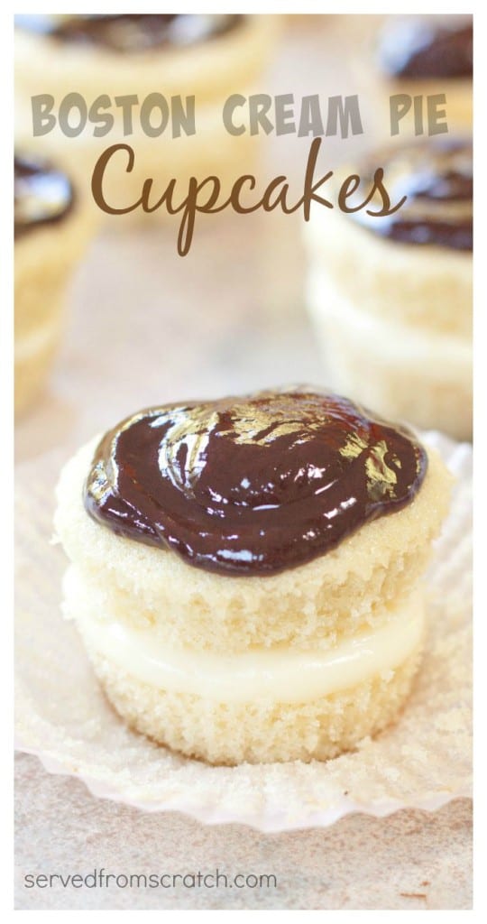 It's a Boston Cream Pie and cupcakes love child made with a from scratch vanilla pudding filling and homemade ganache for Boston Cream Pie Cupcakes!