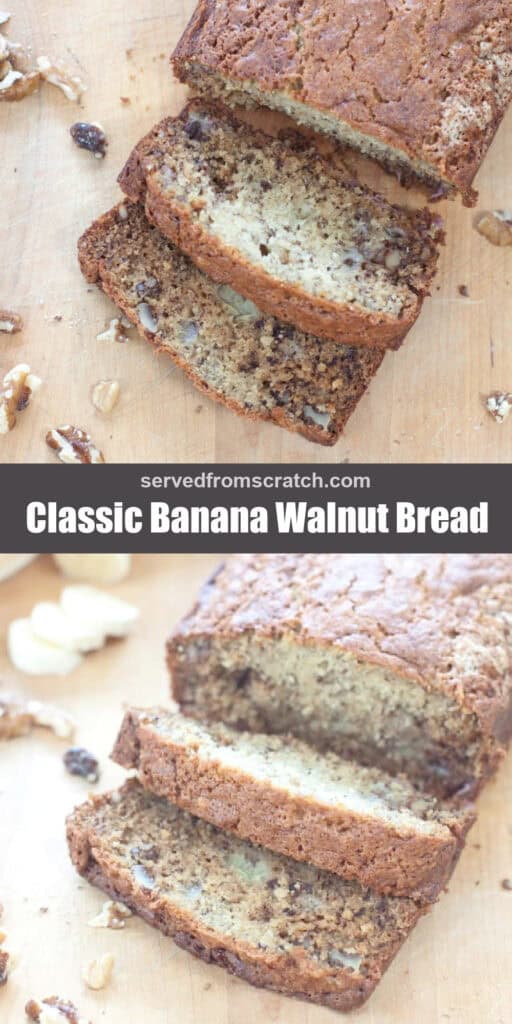 an overhead of loaf of banana bread sliced with Pinterest pin text.