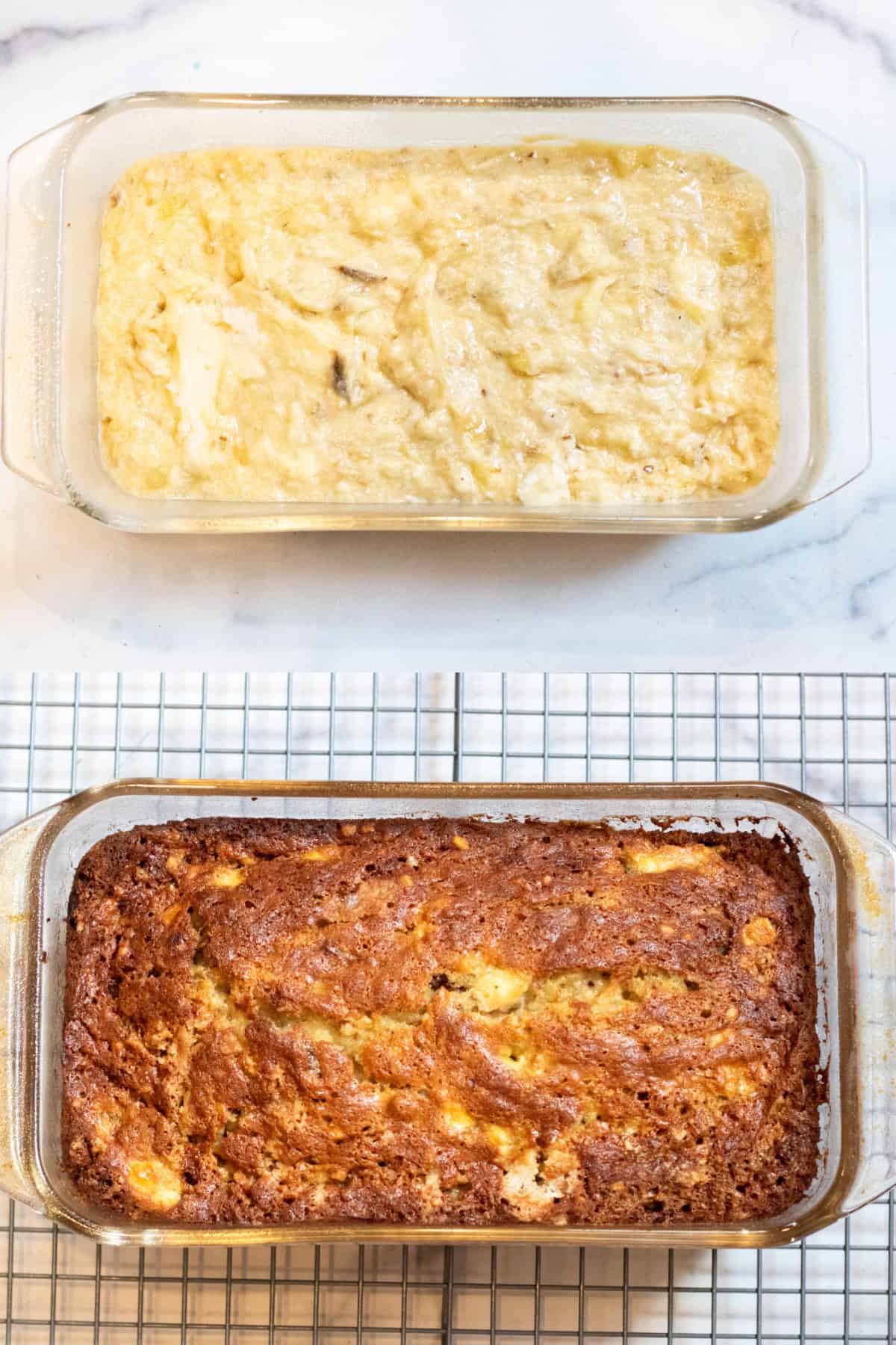 two loaf pans, one with unbaked banana bread and one with baked banana bread.