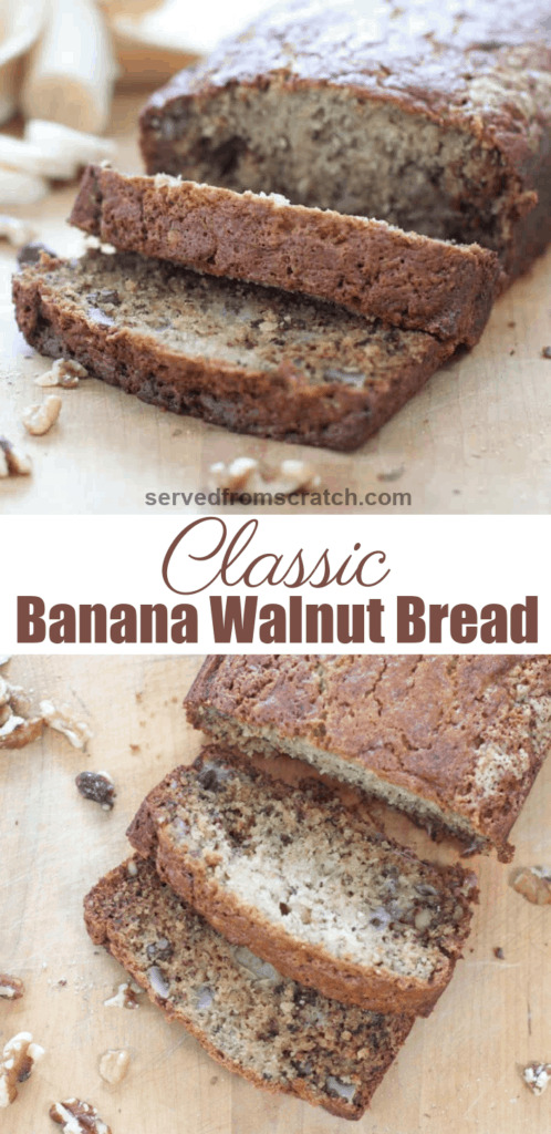 sliced banana bread and pinterest pin text.