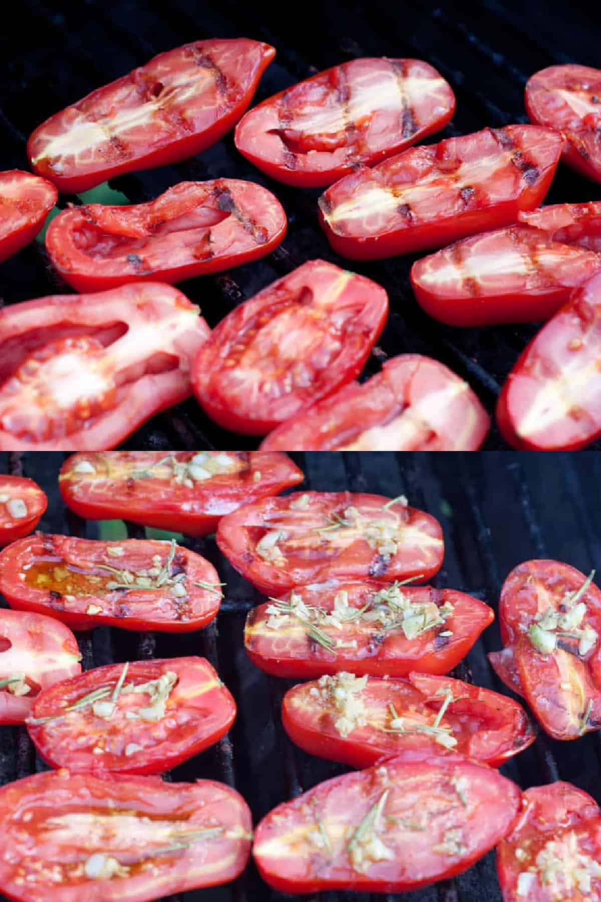 grilled halved tomatoes in one picture and the second with oil and garlic.