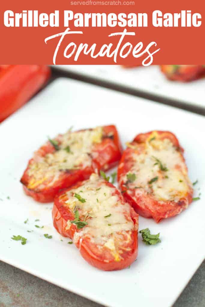 a plate of halved grilled tomatoes with melted cheese and Pinterest pin text.