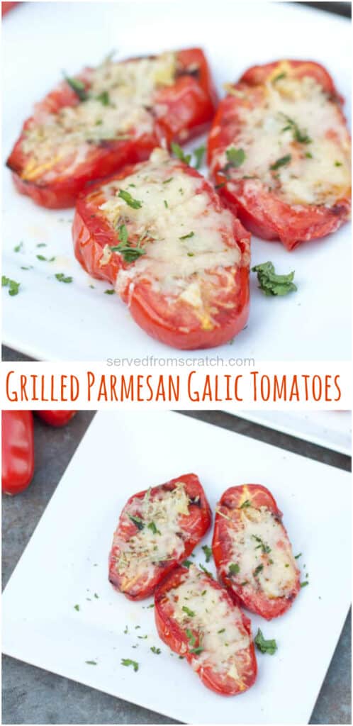 two plates of halved tomatoes with melted cheese on a plate and Pinterest pin text.