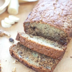 an overhead of loaf of banana bread sliced