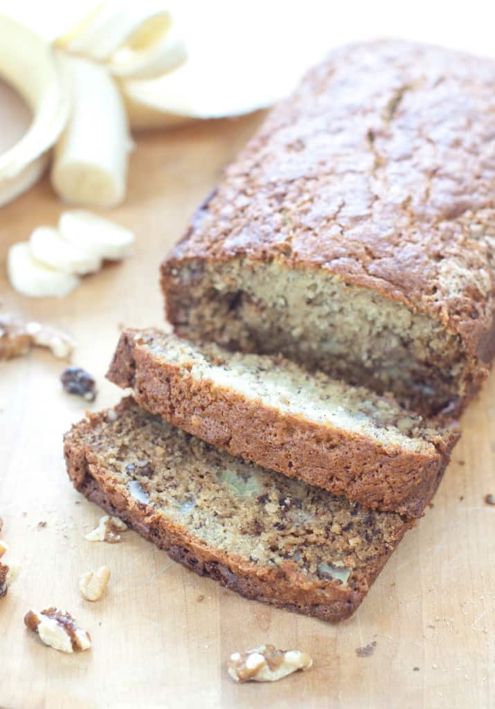 an overhead of loaf of banana bread sliced