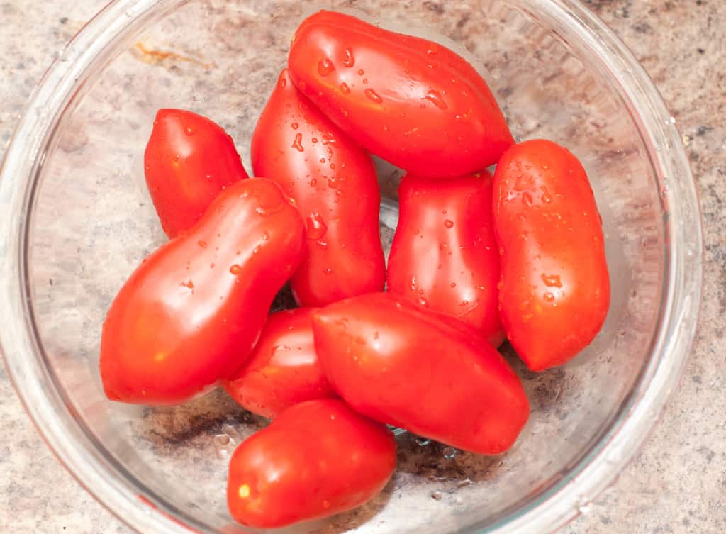 a bowl of San marzano tomatoes.