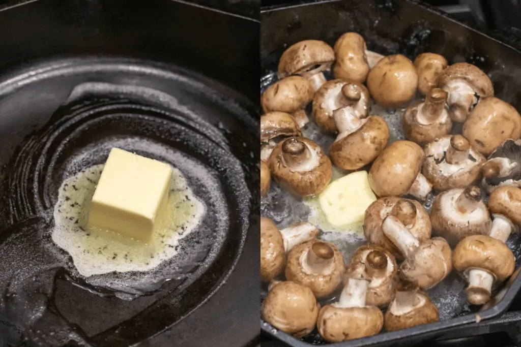 butter melting in a cast iron and then with mushrooms.