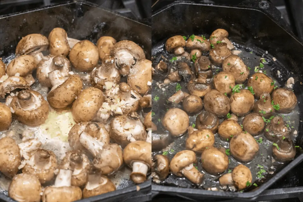 mushrooms with melted butter and garlic and then cooked mushrooms in butter and parsley.