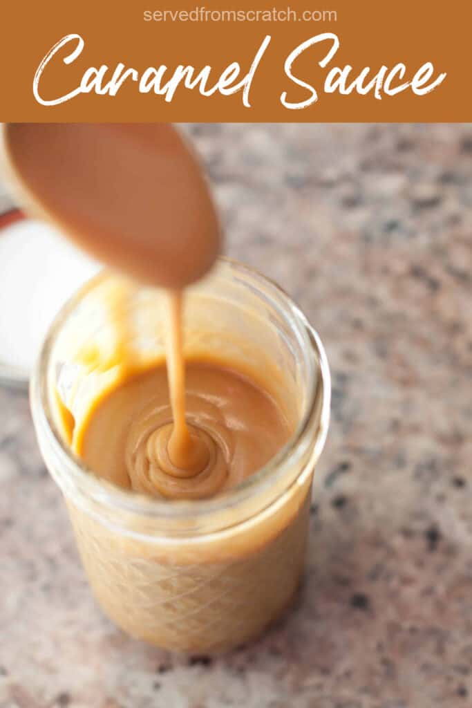 an open jar with a spoon of caramel sauce and Pinterest pin text.