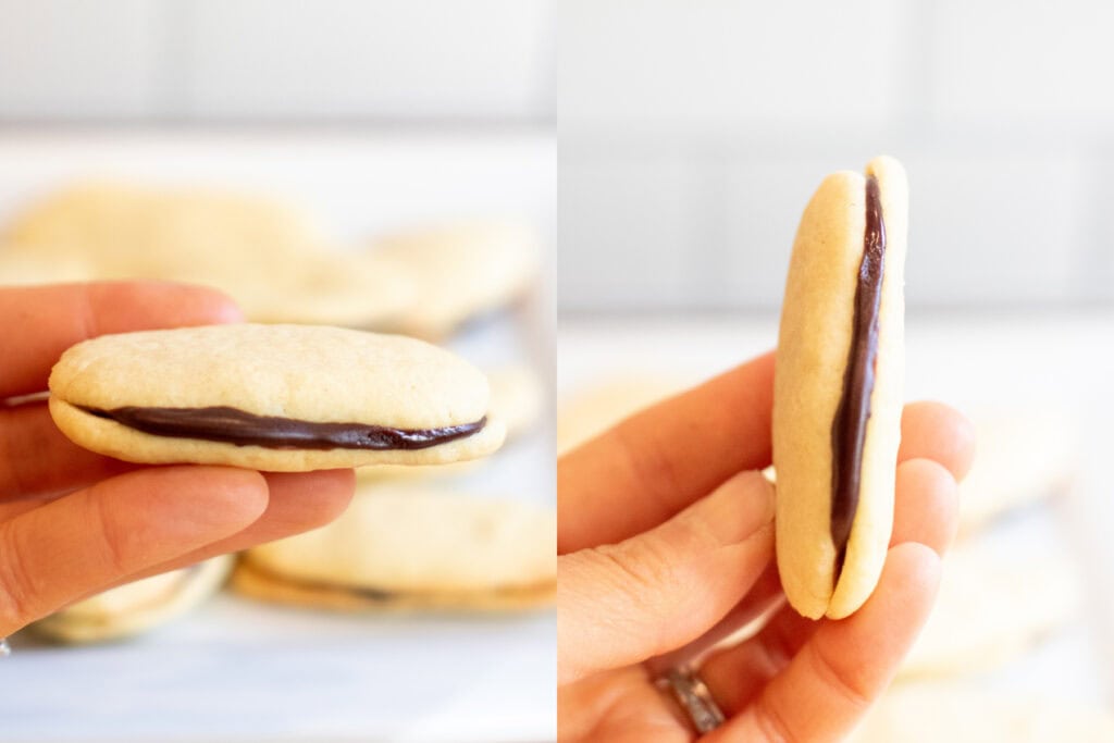 a hand holding a milano cookie horizantally and then vertically.