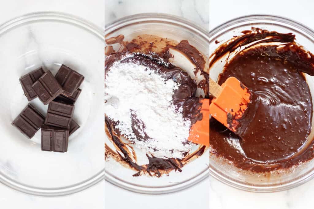 three bowls, one of baking chocolate, then melted with sugar added, and all melted together.