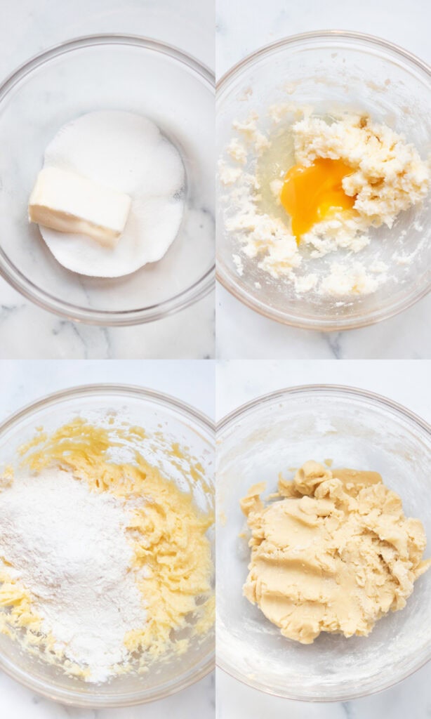 four bowls one with butter and sugar, one with it blended and an egg, then flour added, and it all mixed into a dough.