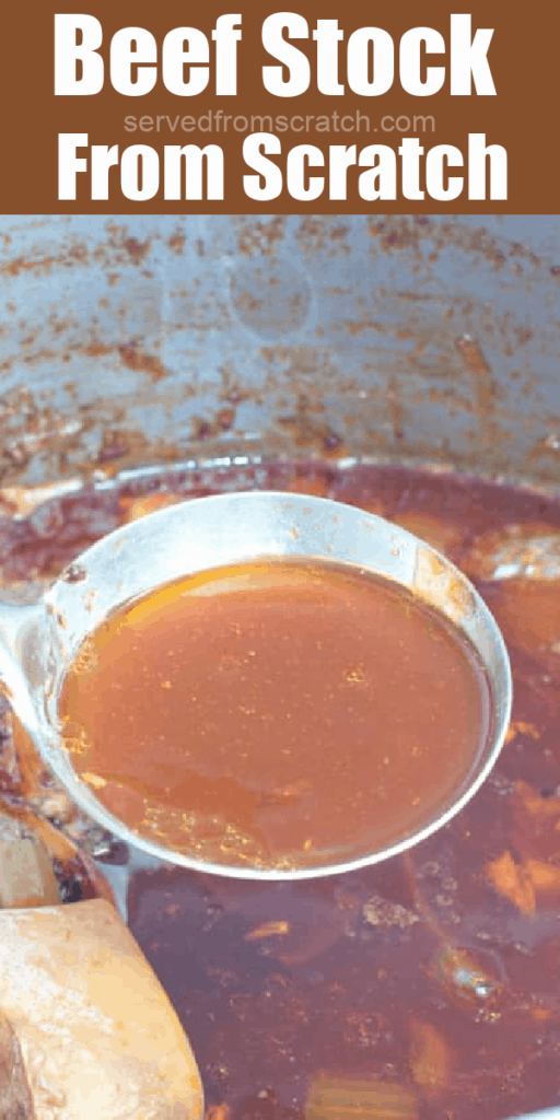 a ladle scooping beef stock with Pinterest Pin Text.