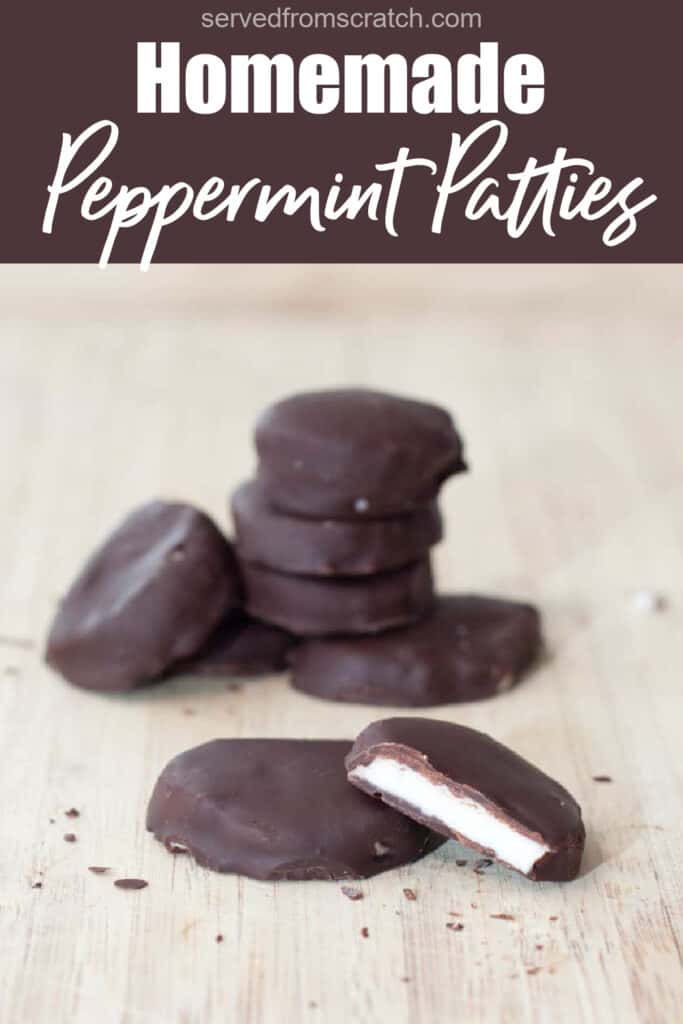 a stack of peppermint patties and one halved with Pinterest pin text.