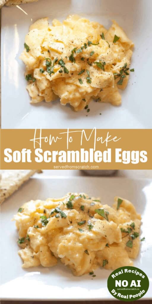 two pictures of a plate of soft scrambled eggs with minced basil with Pinterest pin text and NO AI sticker.