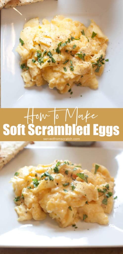 a plate of soft scrambled eggs and Pinterest pin text.