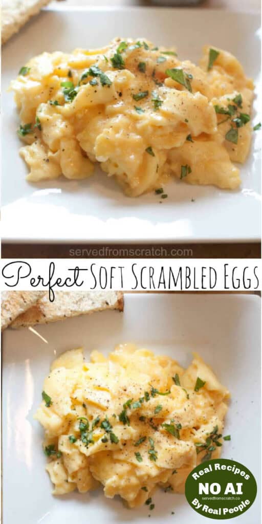 two pictures of a plate of soft scrambled eggs with minced basil with Pinterest pin text and NO AI sticker.