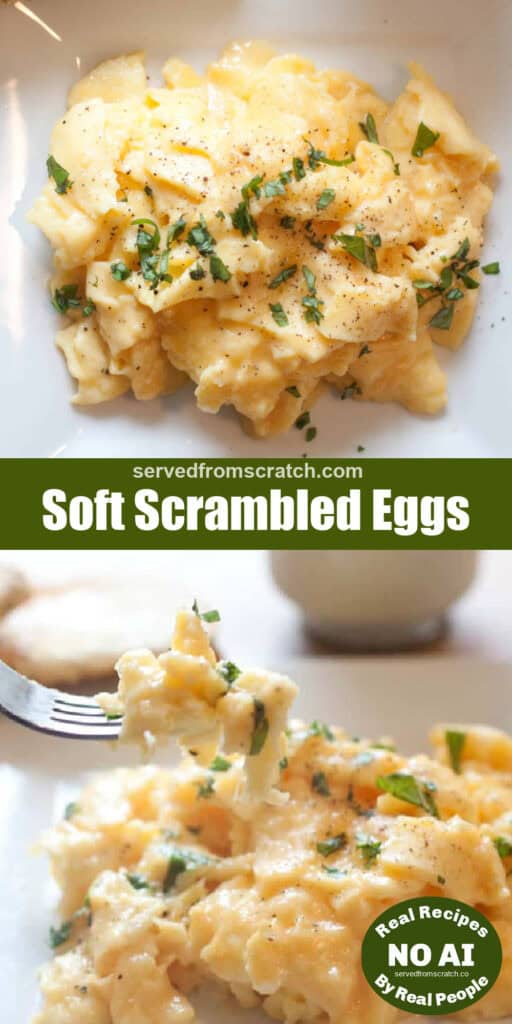 an overhead of a plate of soft scrambled eggs with minced basil, Pinterest pin text, and a plate of the eggs and a forkful with NO AI sticker.