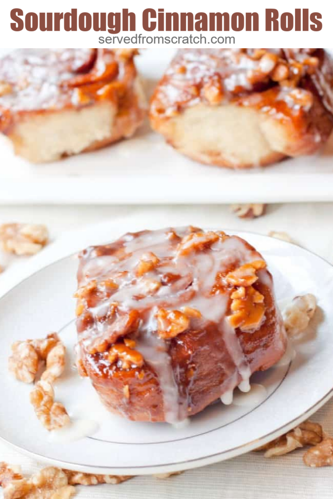 glazed cinnamon roll on a plate with Pinterest pin text.