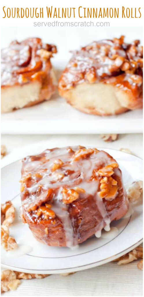 a plate with glazed walnut cinnamon rolls and pinterest pin text.