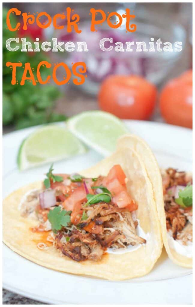 chicken tacos on a plate with Pinterest pin text.