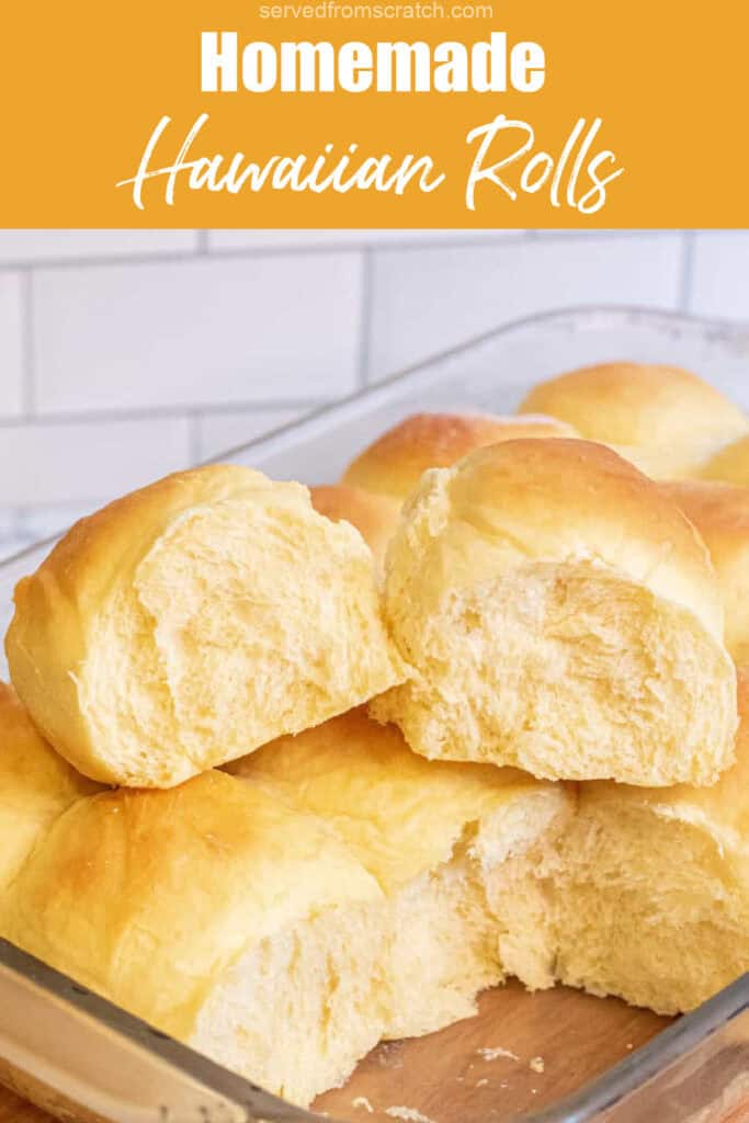 a couple of fluffy rolls in a pan with Pinterest pin text.