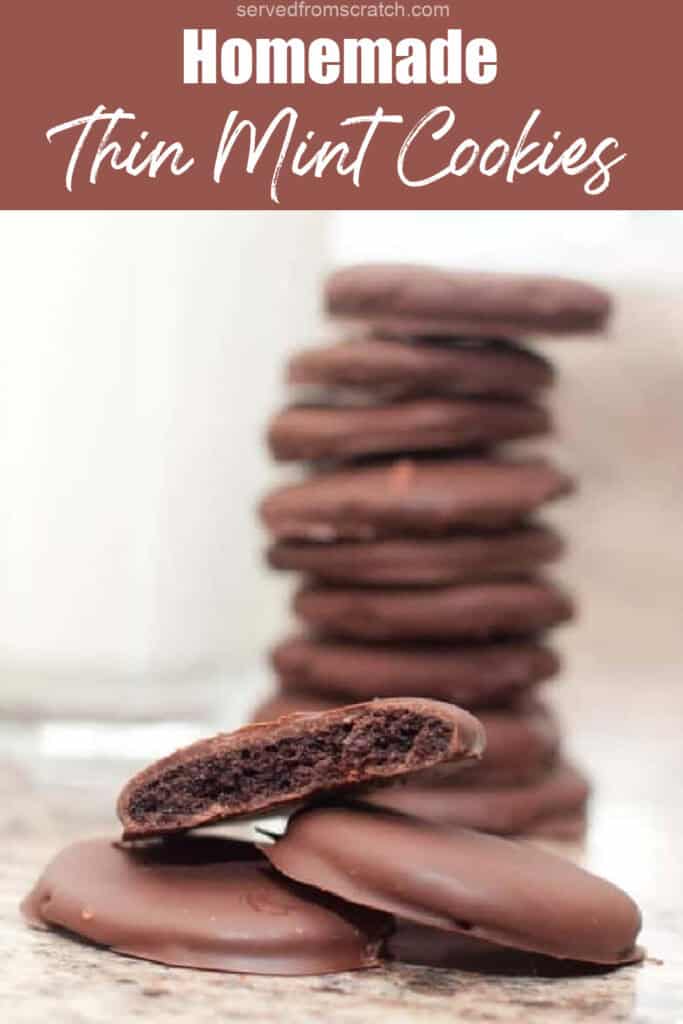 a stack of thin mint cookies and Pinterest pin text.