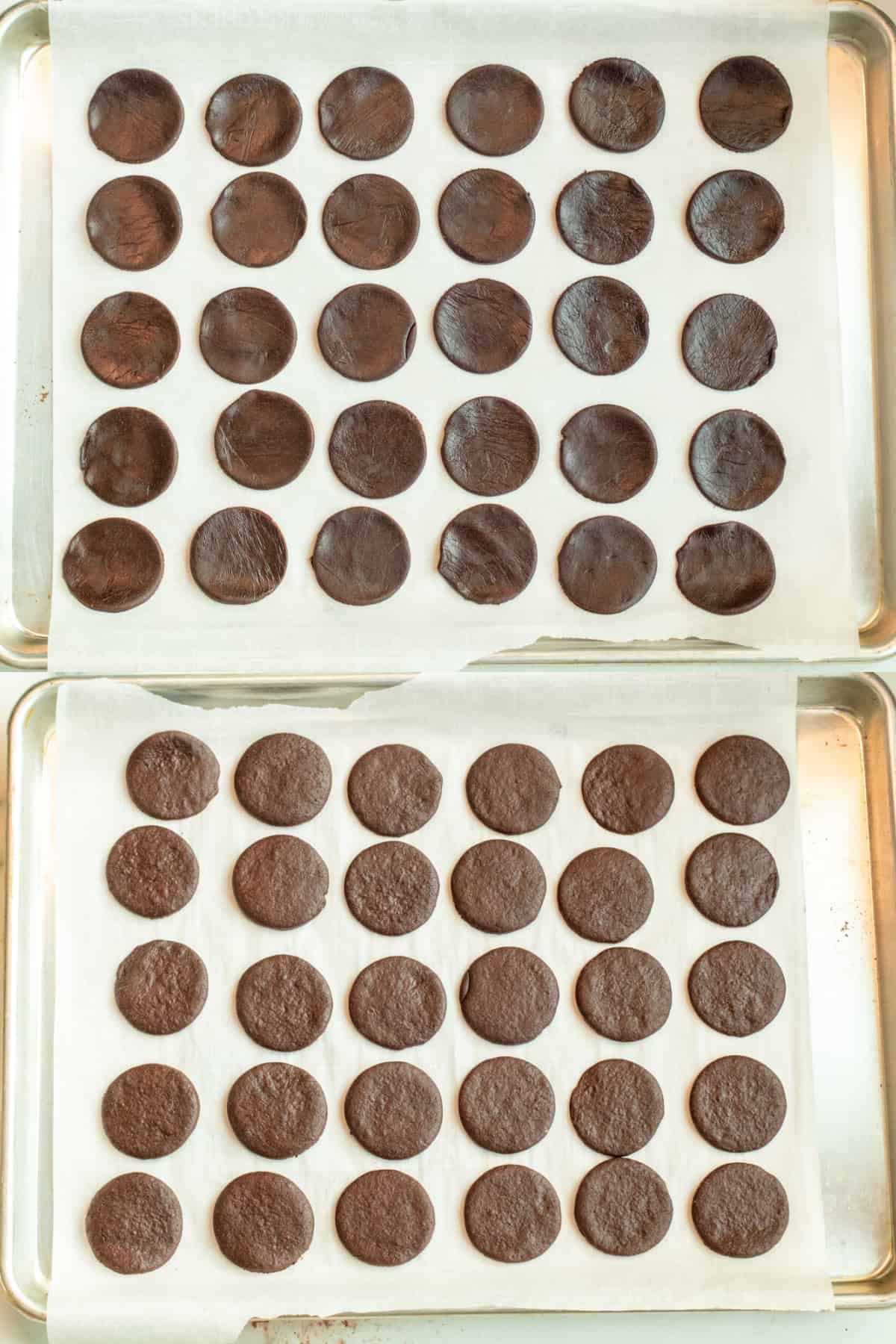 two pictures, one baking sheet with round cutouts and then another picture of them baked.