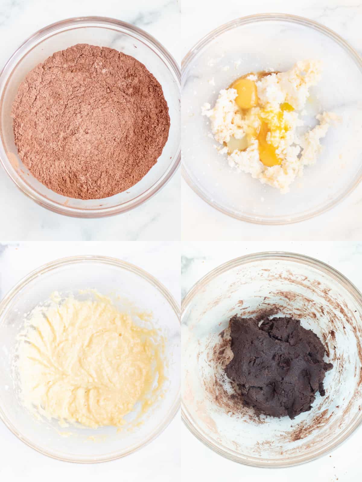 4 pictures of 4 bowls, one with flour and cocoa mixed, one with creamed sugar and butter with eggs, it mixed with the eggs, and then it all mixed into a dough.