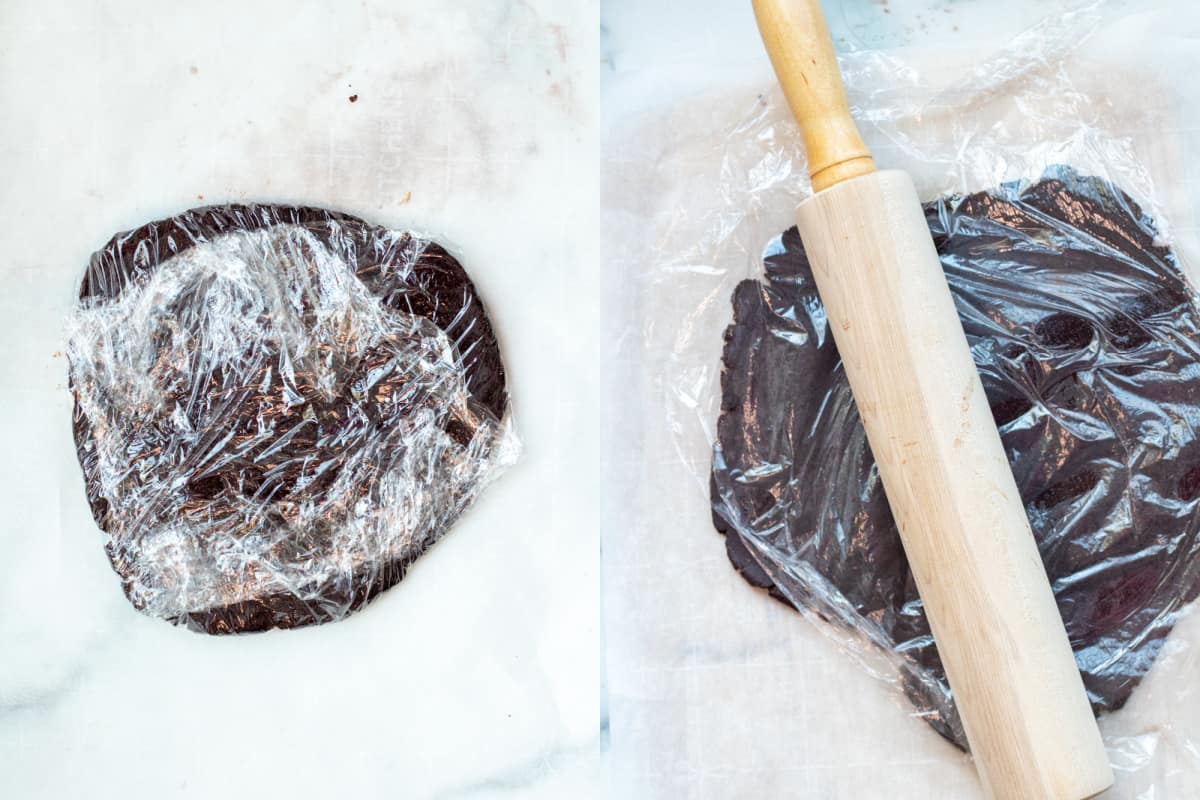 two pictures, one of dough wrapped in plastic, then a rolling pin over dough and plastic.