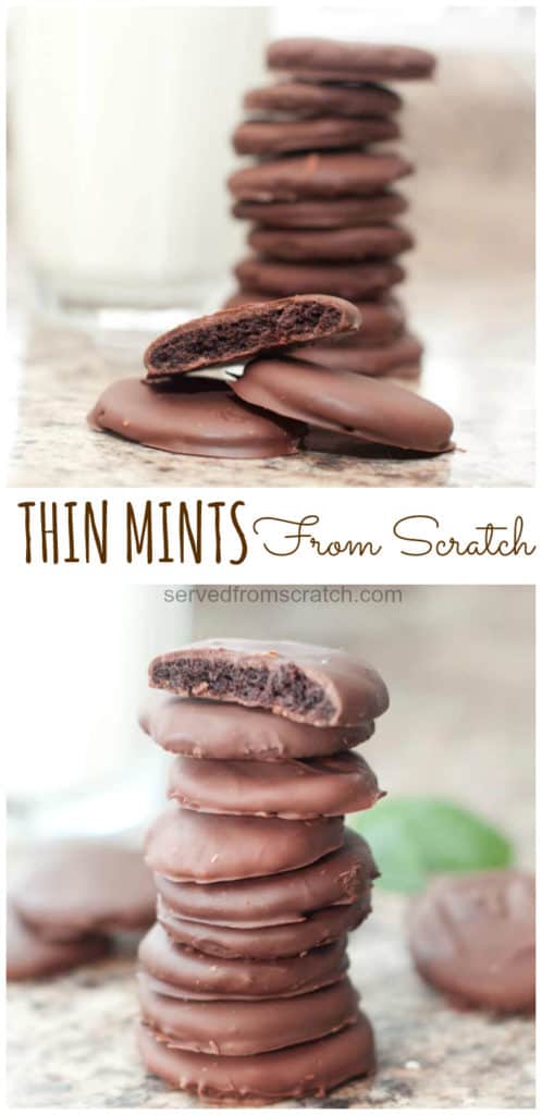 stacked thin mint cookies with Pinterest pin text.