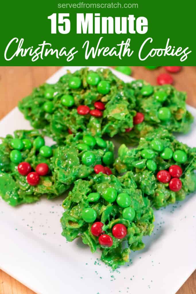 a plate of Christmas wreath cookies with Pinterest pin text.
