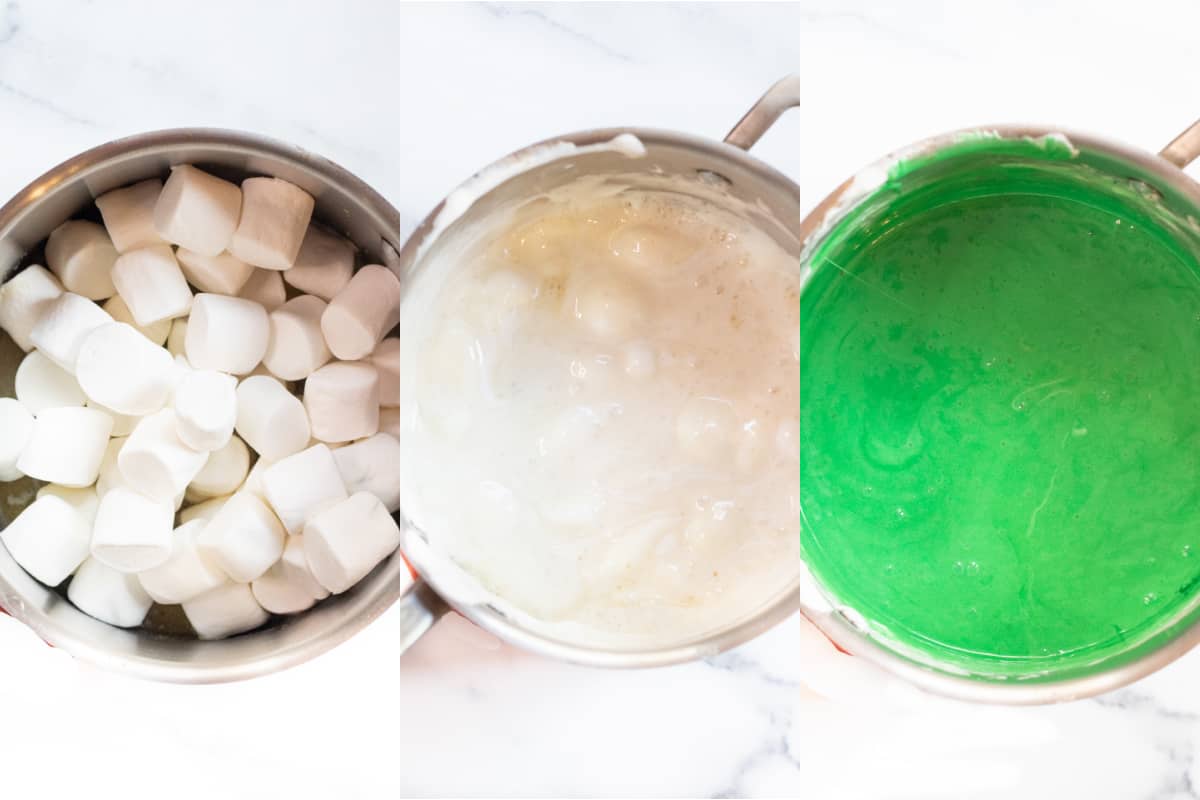 3 pics of pots, one with marshmallows, melted marshmallows, and then green melted marshmallows.