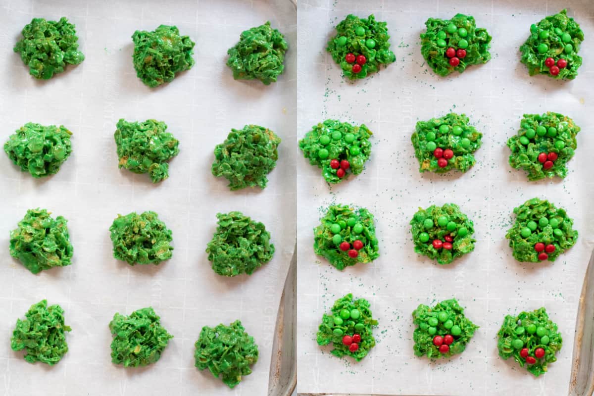 a tray of green corn flakes on a baking sheet and then decorated with M&Ms.